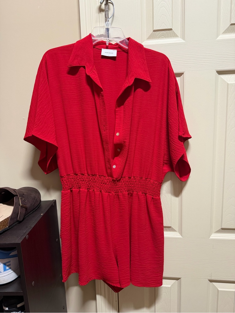 Adrienne Red Short-Sleeve Button-Front Smocked romper
